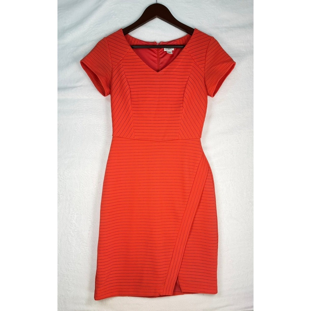 Cato Sheath Dress Womens 6 Red Excellent Textured V-Neck Short Sleeve Tulip Hem